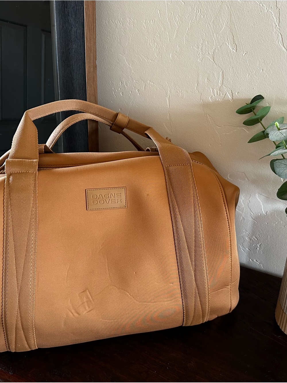 Dagne Dover Landon Carryall Large Camel Neoprene Duffle Weekender Gym Bag